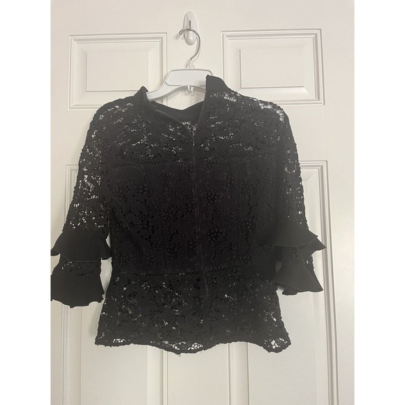 Rachel Zoe Womens Lace 3/4 Sleeve Size 2 Back Zip Blouse Black - Picture 9 of 11